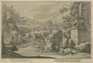 Johann Jakob Kleinschmidt, Shepherd, Cattle, and Ruins, 1800s, Engraving