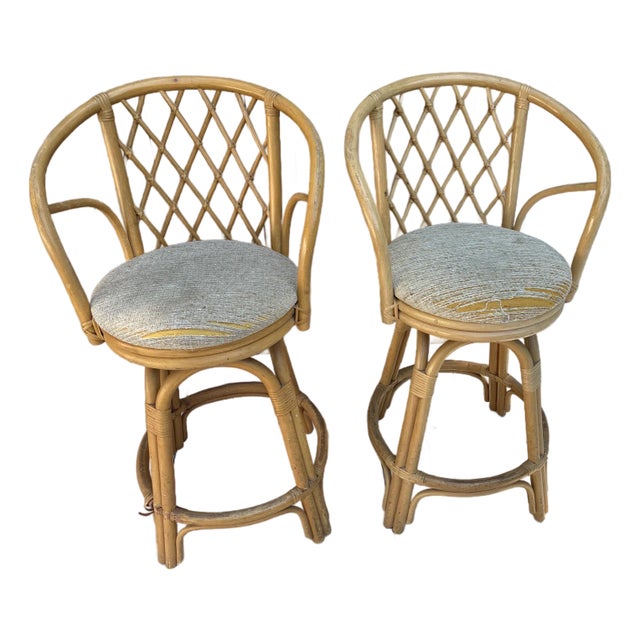 1980s Boho-Chic Rattan Barstools, 2 Pieces For Sale