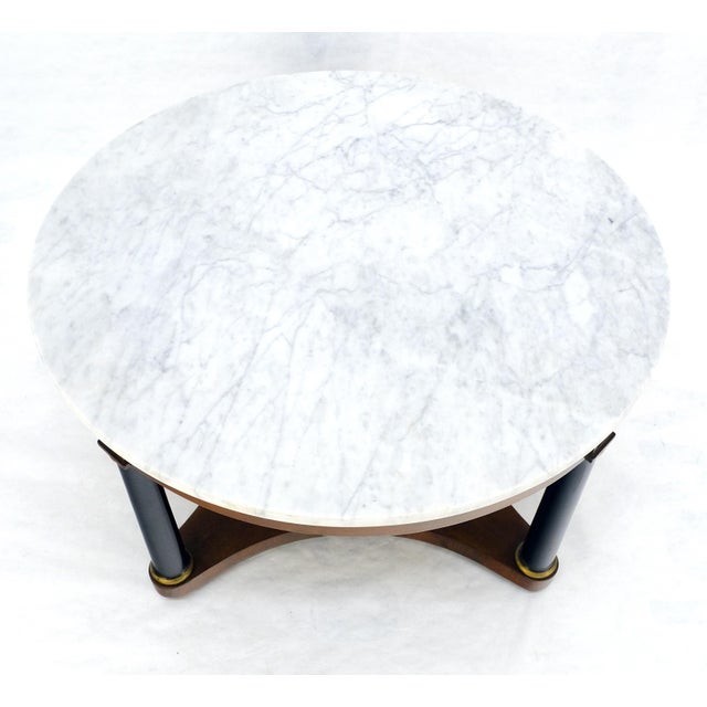 Round Marble Top Neoclassical Black Lacquer Pedestal Style Leg Coffee Table For Sale - Image 6 of 13