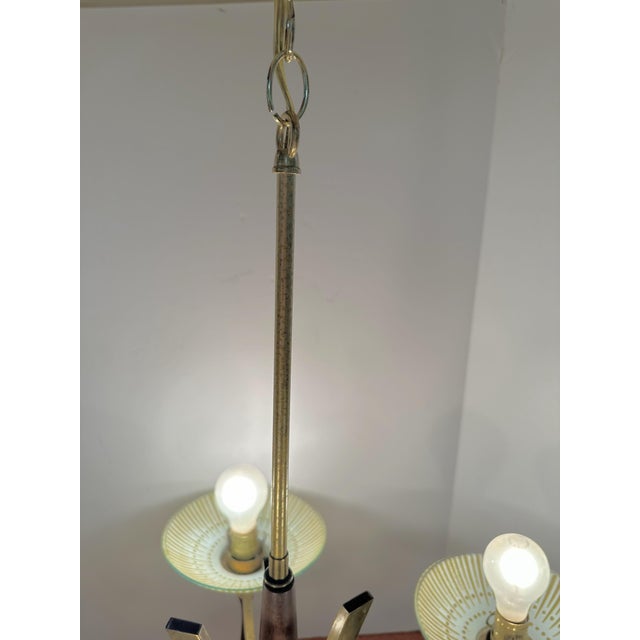 1960s 1960s Midcentury Modern Wood and Brass 5-Light Chandelier With Starburst Shades For Sale - Image 5 of 12