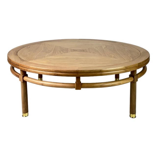 Mid-Century Modern "Medallion Limited" Four-Pie Wood Coffee Table With Brass Ferrules For Sale