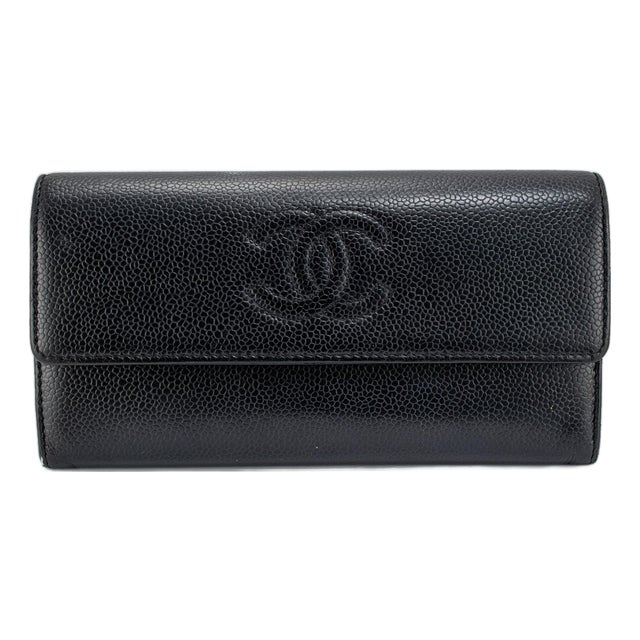 Discontinued Chanel Timeless CC Black Caviar Leather Flap Long Wallet For Sale