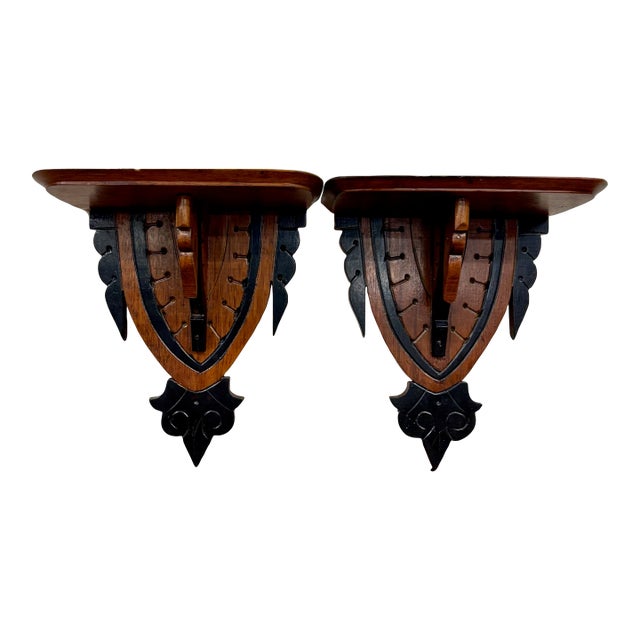 Antique Arts and Crafts Gothic Revival Exposed Peg Wall Brackets - Pair For Sale