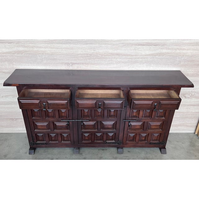 Catalan Spanish Baroque Carved Walnut Tuscan Three Drawers Credenza or Buffet For Sale - Image 10 of 12