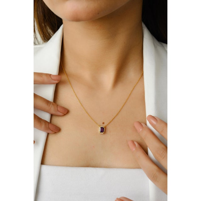 Art Deco Amethyst Halo Diamond Pendant Necklace For Sale - Image 3 of 6