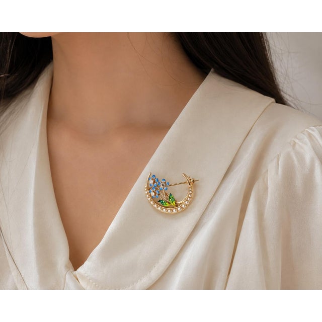 Victorian estate 14K yellow gold crescent moon brooch/pendant adorned with 19 seed pearls, enameled flowers, and 3...