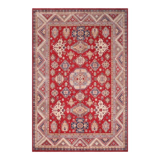 Southwestern Kazak Red/Ivory Wool Rug - 9'0''x12'0'' For Sale