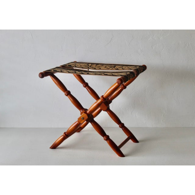 Vintage French Beechwood and Tapestry Folding Luggage Rack Nailhead Detail For Sale - Image 4 of 18