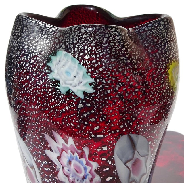Vintage Murano AVeM Red Millefiori Flowers Murrine Silver Flecks Italian Art Glass Pinched Rim Flower Vase For Sale - Image 9 of 12