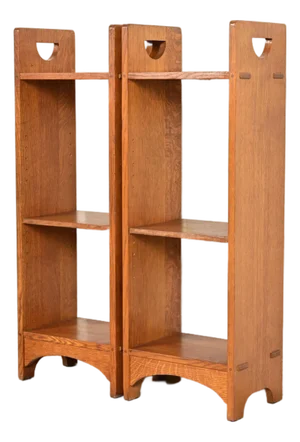 Stickley Mission Oak Arts & Crafts Cutout Bookshelves, Pair