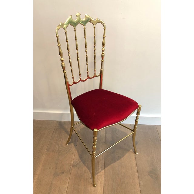 Red 1940s Italian Brass Chiavari Chair and Stool, Seats Covered in Red Velvet- 2 Pieces For Sale - Image 8 of 12