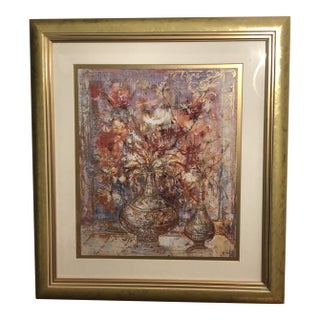 1980s Edna Hibel "Fleurs D'Or" Golden Laurels Collection Enhanced Limited Edition Framed Print – Coa Included For Sale