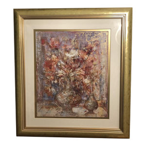 1980s Edna Hibel "Fleurs D'Or" Golden Laurels Collection Enhanced Limited Edition Framed Print – Coa Included