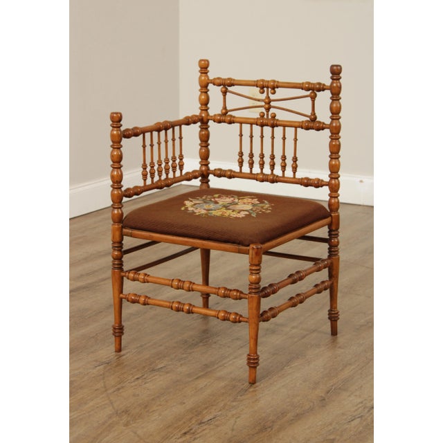 High Quality Antique Solid Wood Stick And Ball Turned Corner Chair Frame with Floral Needlepoint Upholstered Seat