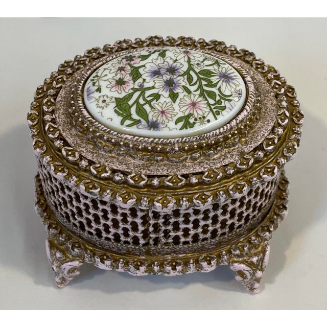 Hollywood Regency Vintage Italian Firenze Porcelain and Metal Trinket Box For Sale - Image 3 of 9