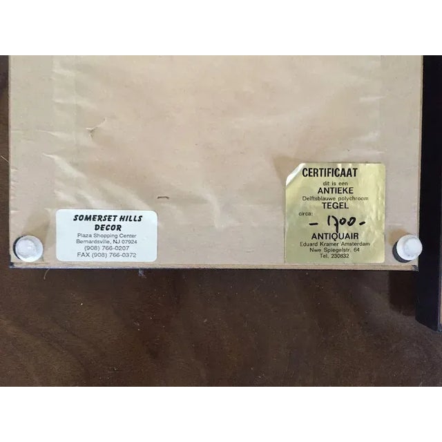 Ceramic 18th Century Dutch Delft Blue & White Tin Glaze Faience Tiles in Burl Walnut Frames - A Pair For Sale - Image 7 of 9