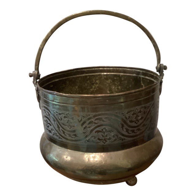 Vintage Handmade Moroccan Style Large Primitive Metalware Brass Cachepot/Bucket For Sale