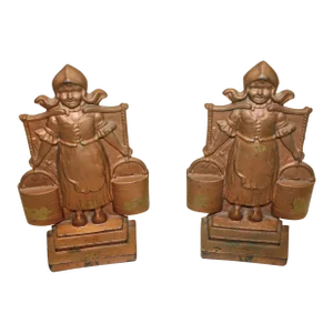 19th Century Cast Iron Book Ends Door Stops Dutch Girl With Milk Water Bucket - a Pair
