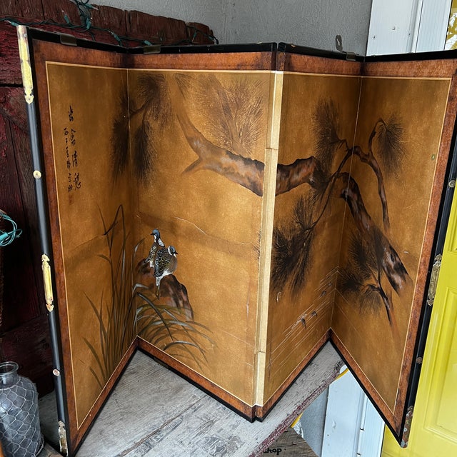 Japanese 1960s Japanese 4-Panel Byobu Folding Screen Hand-Painted Ducks & Pine Tree Gold Foil Backdrop For Sale - Image 3 of 17
