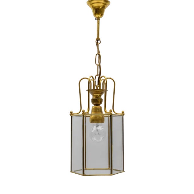 Art Deco Cut Glass Pendant Lamp in Brass, Austria, 1940s For Sale