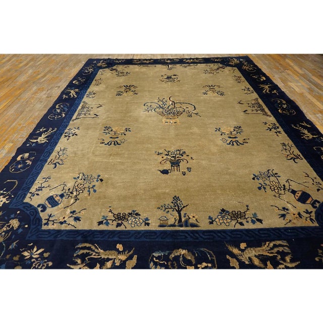 1920s Beige Field Floral Vase Deco Antique Chinese Peking Knotted Room Size Rug For Sale - Image 4 of 7