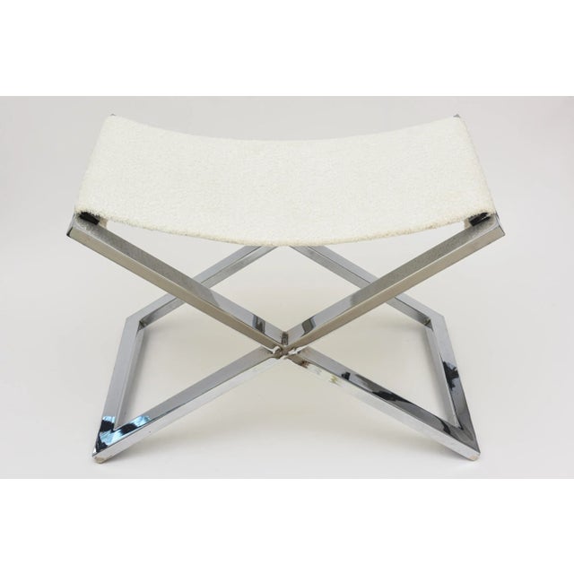 Modern Vintage X Frame Chromed Steel Bench With New White Boucle Sling Seat, 1980's For Sale - Image 3 of 12