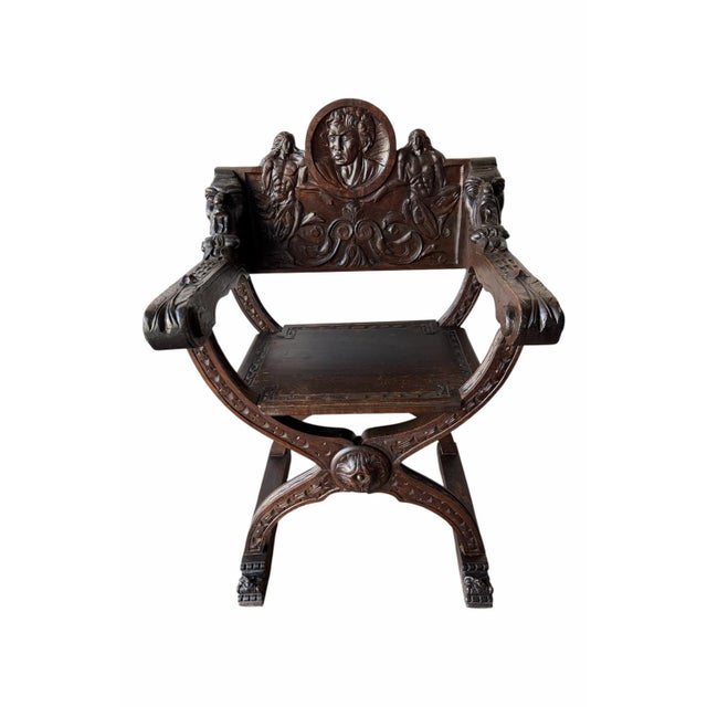 19th Century Renaissance Revival Carved Curule X-Frame Armchairs (Pair) For Sale - Image 4 of 8