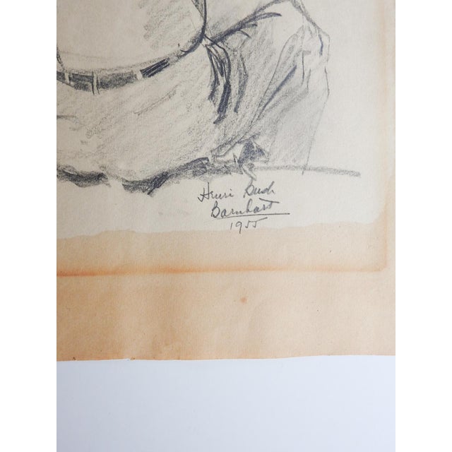 1955 drawing on tan paper of man with binoculars. Signed Henri B Barnhart and dated in pencil lower right. Unframed, age...