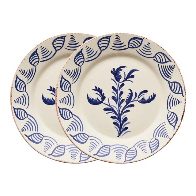 Casa Nuno Blue and White Dinner Plates, 3 Flowers/Shells, Set of 2 For Sale