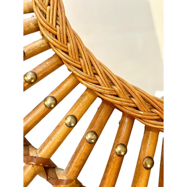 Vintage Italian Rattan Bamboo Sunburst Mirror With Brass Accents For Sale - Image 14 of 14