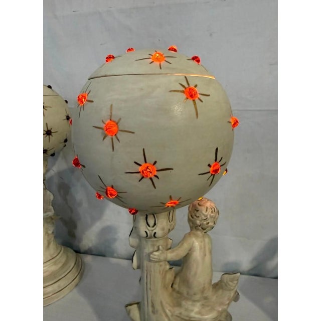 Vintage Mid-Century Modern Hollywood Regency Ceramic Cherub Sunburst Globe Lamps - A Pair For Sale - Image 16 of 16