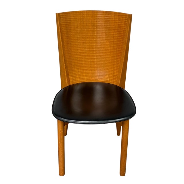 Calligaris Pair of 1980s Italian Postmodern Calligaris Sculptural Wood & Black Leather Chairs For Sale - Image 4 of 11