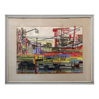 Cityscape With Power Lines, Unknown Artist Pastel on Paper For Sale