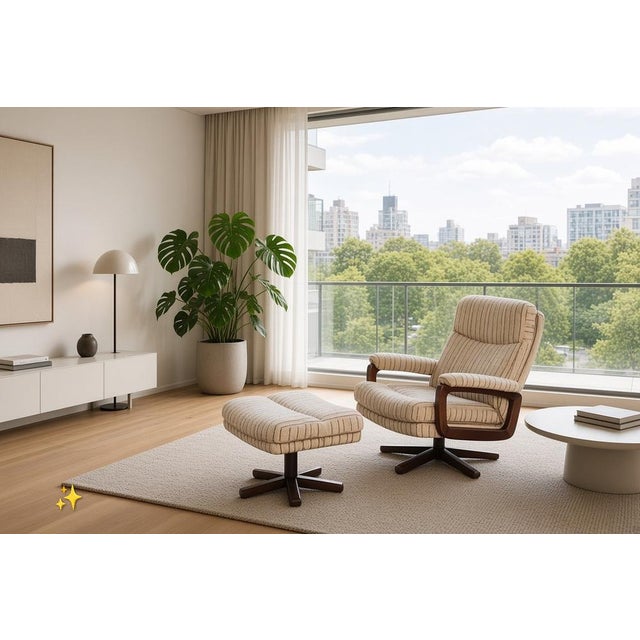 Mid-Century Modern Set of Mid-Century Swivel Armchair and Ottoman in Tweed and Wood, 1970 For Sale - Image 3 of 14