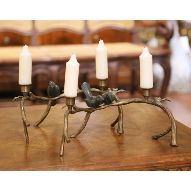 Traditional Pair of Mid-Century Cast Iron Bird Branch Two-Light Candelabras For Sale - Image 3 of 10