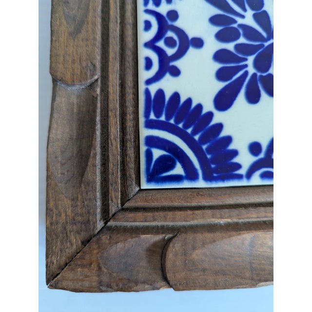 Blue Vintage '70s Large Hand Carved Wood Talavera Tile Trivet For Sale - Image 8 of 11