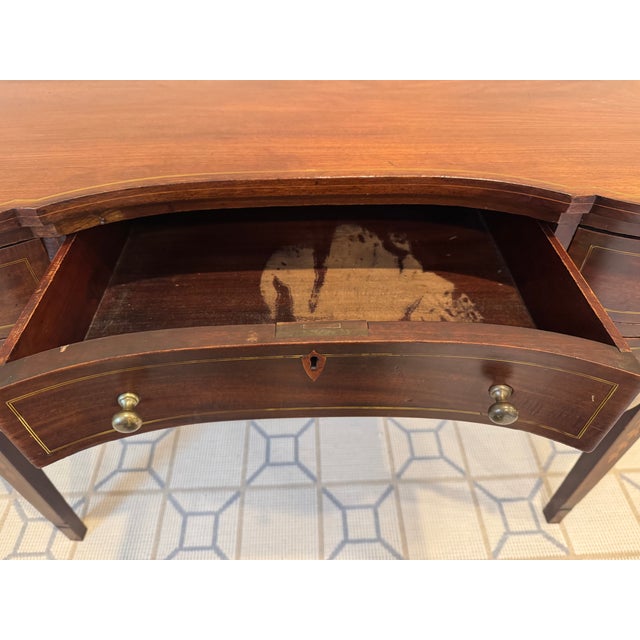 Antique Mahogany Writing Desk Potthast Bros – Bow Front, Inlaid Details, Excellent Character For Sale - Image 12 of 18