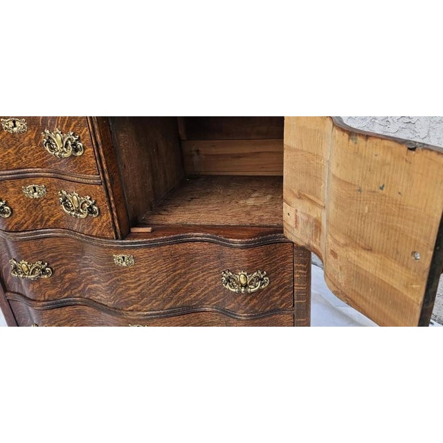 Vintage Victorian Tiger Oak Serpentine Highboy Dresser Chest Circa 1900's For Sale - Image 9 of 12