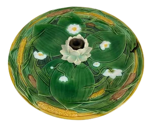 Minton Majolica Centerpiece Tray 15-In, Lotus Flower on Green Ground, Dated 1863