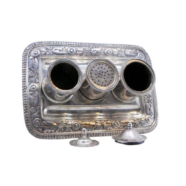 Silver Inkwell with Three Containers and Chiseled Tray on Support with Four Zoomorphic Feet For Sale - Image 9 of 9
