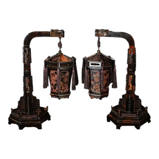 Pair of Vintage Carved Horn Hexagonal Lantern Ornaments With Stands For Sale