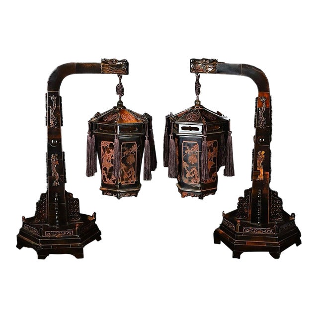 Pair of Vintage Carved Horn Hexagonal Lantern Ornaments With Stands For Sale