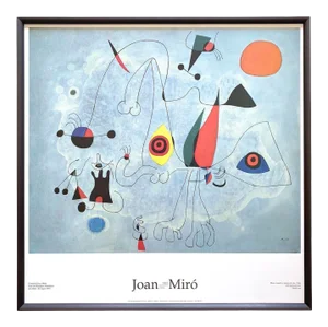 Joan Miro Fundacio Vintage 1993 Lithograph Print Framed Centennial Exhibition Poster " Woman and Birds at Daybreak " 1946