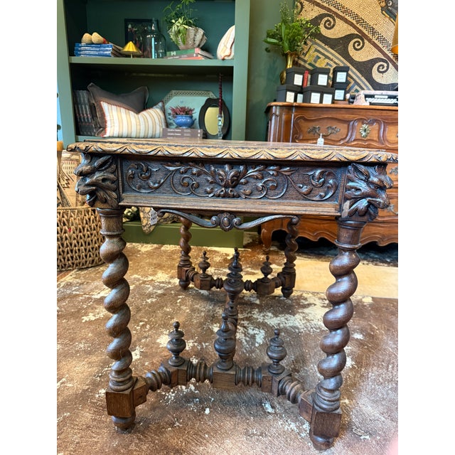 Traditional Antique Carved Oak Table With Barley Twist Legs For Sale - Image 3 of 3