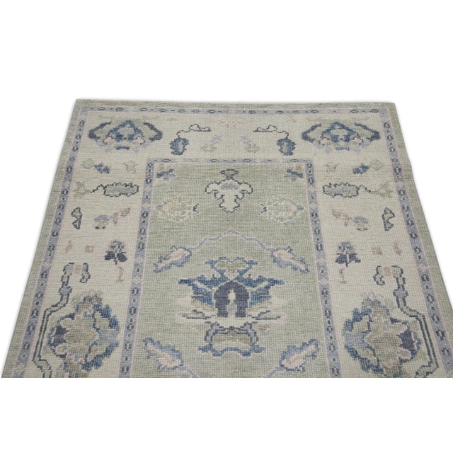 Early 21st Century Green & Blue Handwoven Turkish Oushak Runner 3'8" X 7'8" For Sale - Image 4 of 6