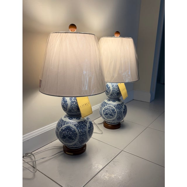 Ralph Lauren Chinoiserie Double Gourd Porcelain Lamps. Set of 2.