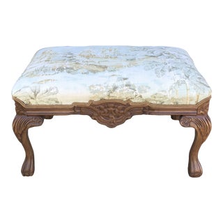 French Louis XV Style Vintage Bench Wood Stool Carved Footstool French Country Toile Ottoman For Sale