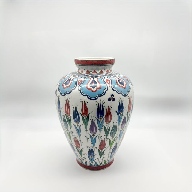 White Handmade Ceramic “Vezir” Vase (30cm) – Lidded Design with Colorful Ottoman Tulips – Traditional Home Decor For Sale - Image 8 of 9