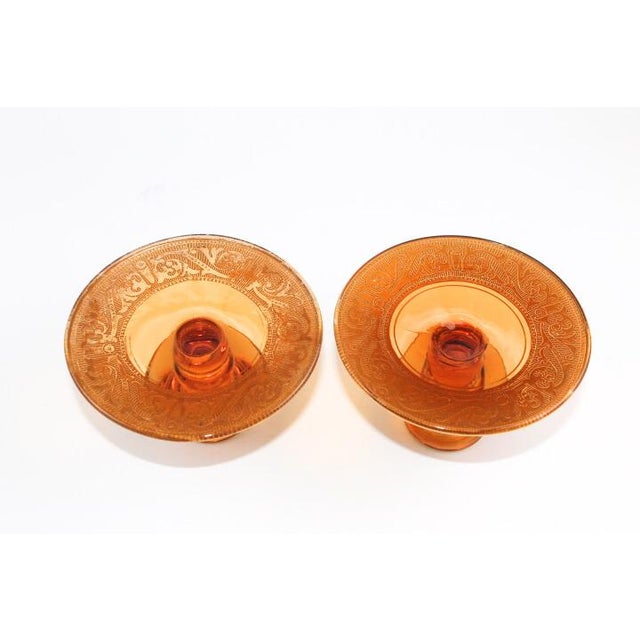 Glass Vintage 1930s Fostoria Amber Glass and Gold Candle Holders- Set of 2 For Sale - Image 7 of 9