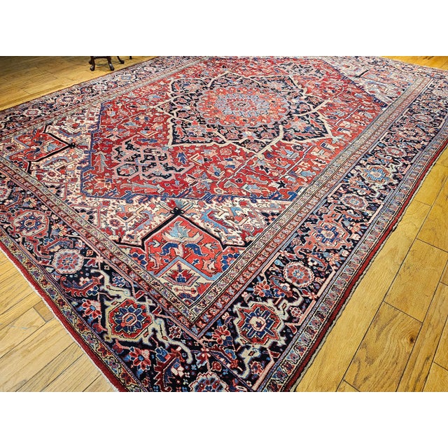 Vintage Oversize Persian Heriz Serapi Rug, Hand-Knotted Geometric Pattern, Red & Blue, 11’ X 15’ For Sale - Image 12 of 12